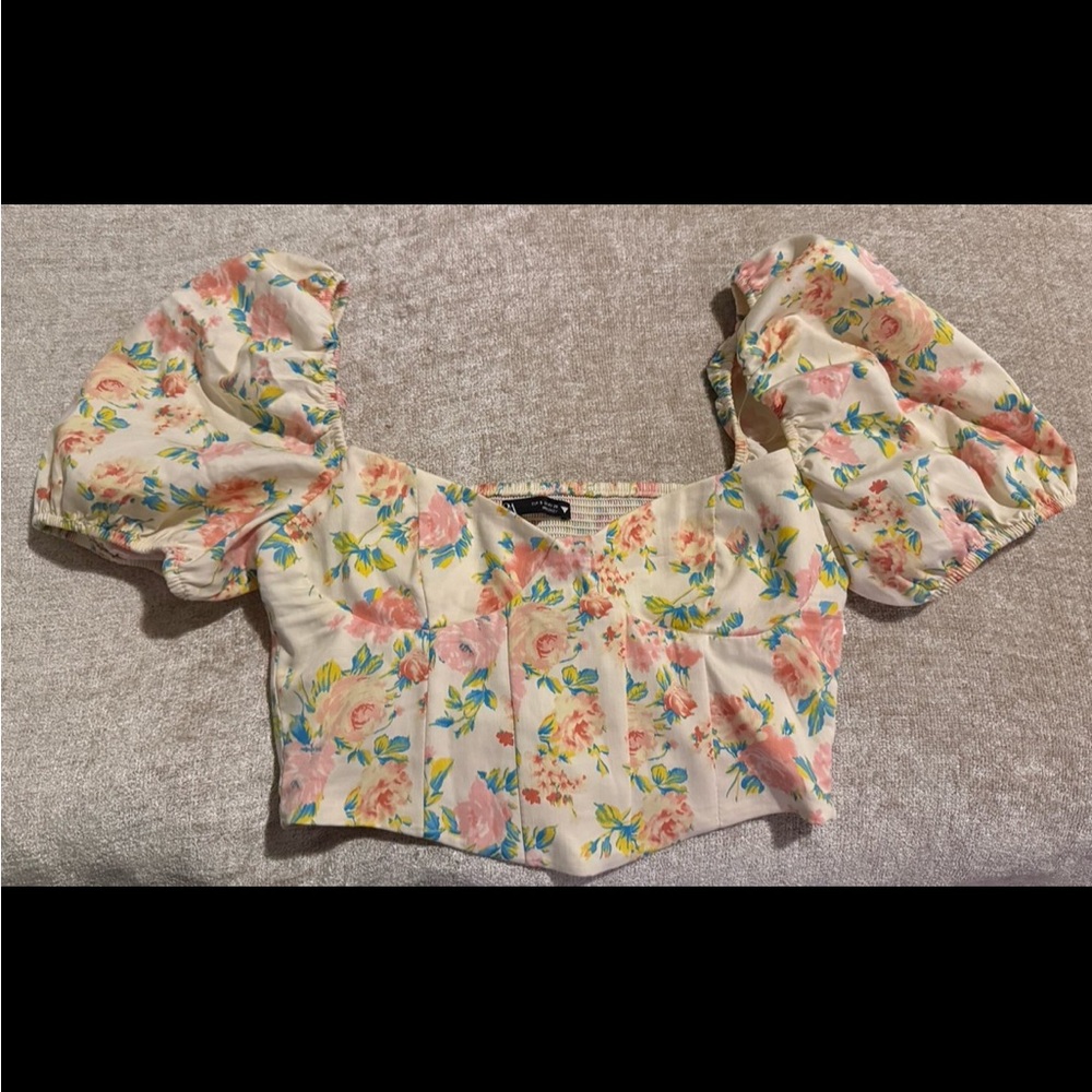 Zara Orange and Pink Puff Sleeve Crop Blouse
